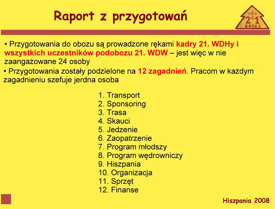 WDW jest więc w nie zaangażowane 24 osoby Przygotowania zostały podzielone na 12 zagadnień.