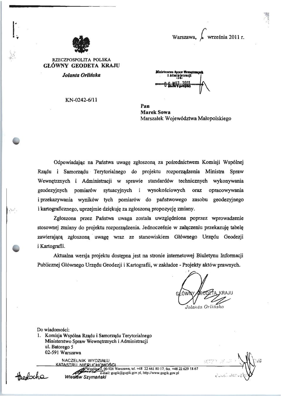 Rządu i Samorządu Terytorialnego do projektu rozporządzenia Ministra Spraw Wewnętrznych i Administracji w sprawie standardów technicznych wykonywania geodezyjnych pomiarów sytuacyjnych wysokościowych