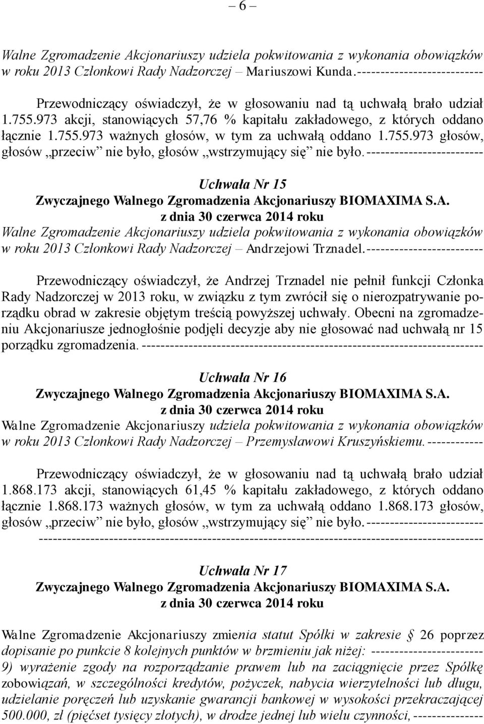------------------------- Przewodniczący oświadczył, że Andrzej Trznadel nie pełnił funkcji Członka Rady Nadzorczej w 2013 roku, w związku z tym zwrócił się o nierozpatrywanie porządku obrad w