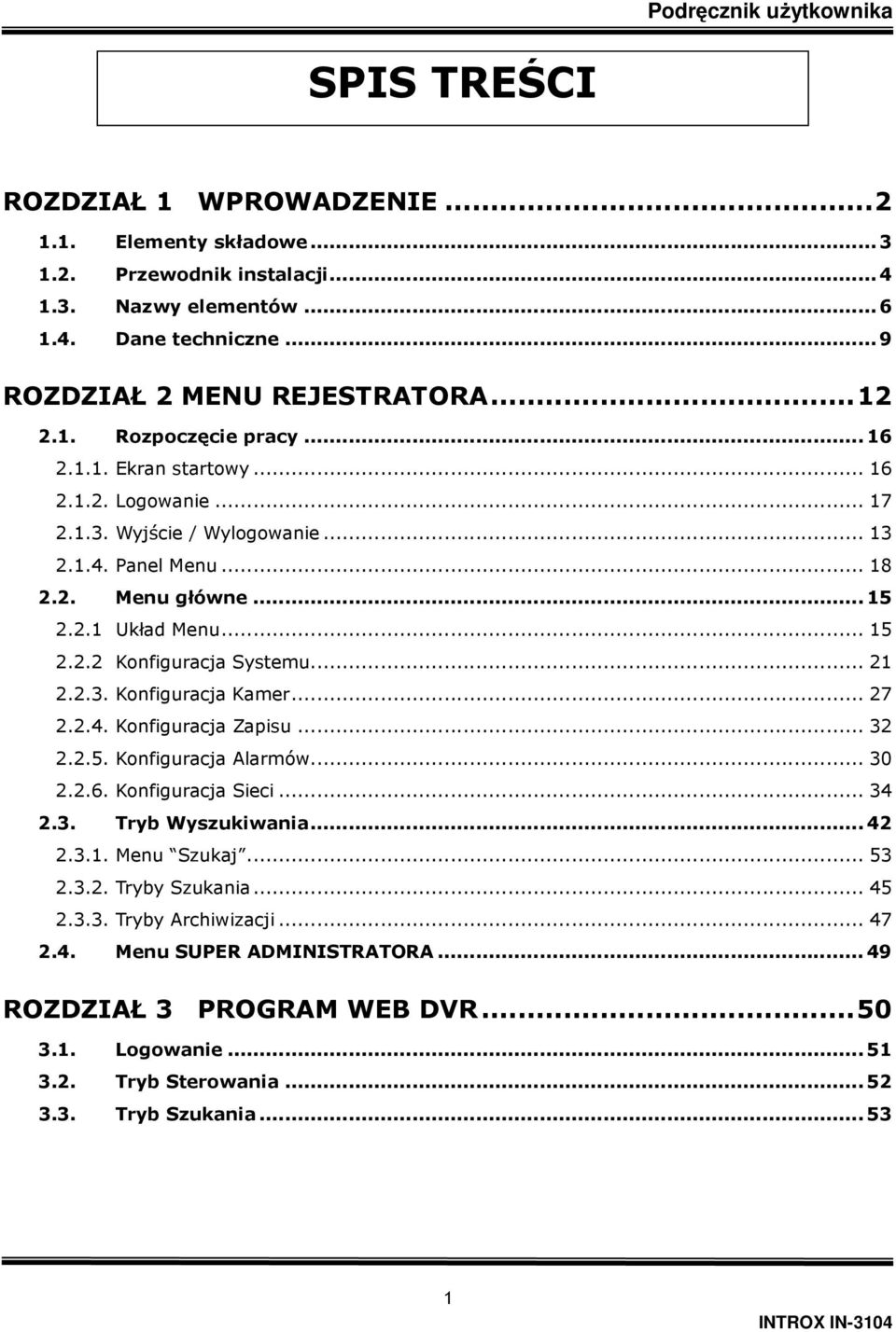 2.3. Konfiguracja Kamer... 27 2.2.4. Konfiguracja Zapisu... 32 2.2.5. Konfiguracja Alarmów... 30 2.2.6. Konfiguracja Sieci... 34 2.3. Tryb Wyszukiwania...42 2.3.1. Menu Szukaj... 53 2.3.2. Tryby Szukania.