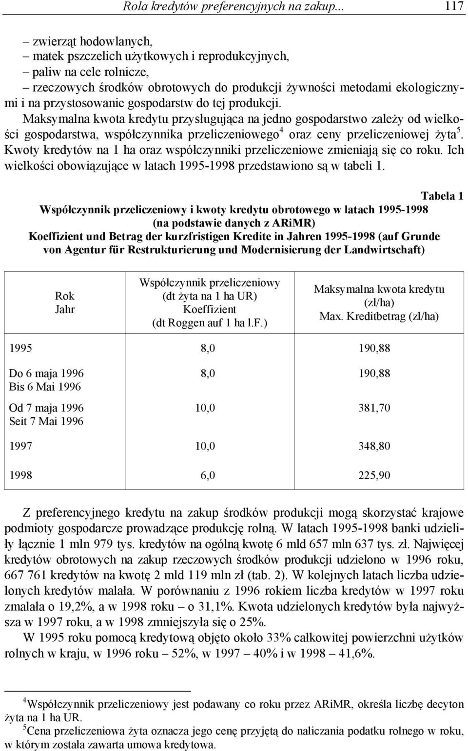 gospodarstw do tej produkcji. Maksymalna kwota kredytu przysługująca na jedno gospodarstwo zależy od wielkości gospodarstwa, współczynnika przeliczeniowego 4 oraz ceny przeliczeniowej żyta 5.