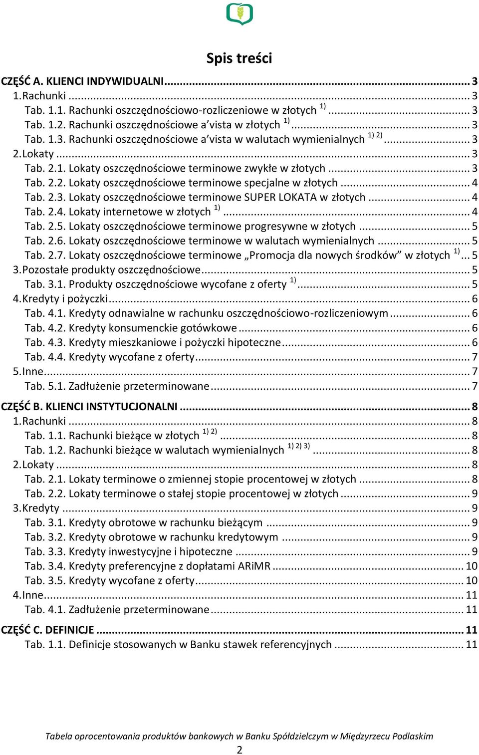 .. 4 Tab. 2.4. Lokaty internetowe w złotych 1)... 4 Tab. 2.5. Lokaty oszczędnościowe terminowe progresywne w złotych... 5 Tab. 2.6. Lokaty oszczędnościowe terminowe w walutach wymienialnych... 5 Tab. 2.7.