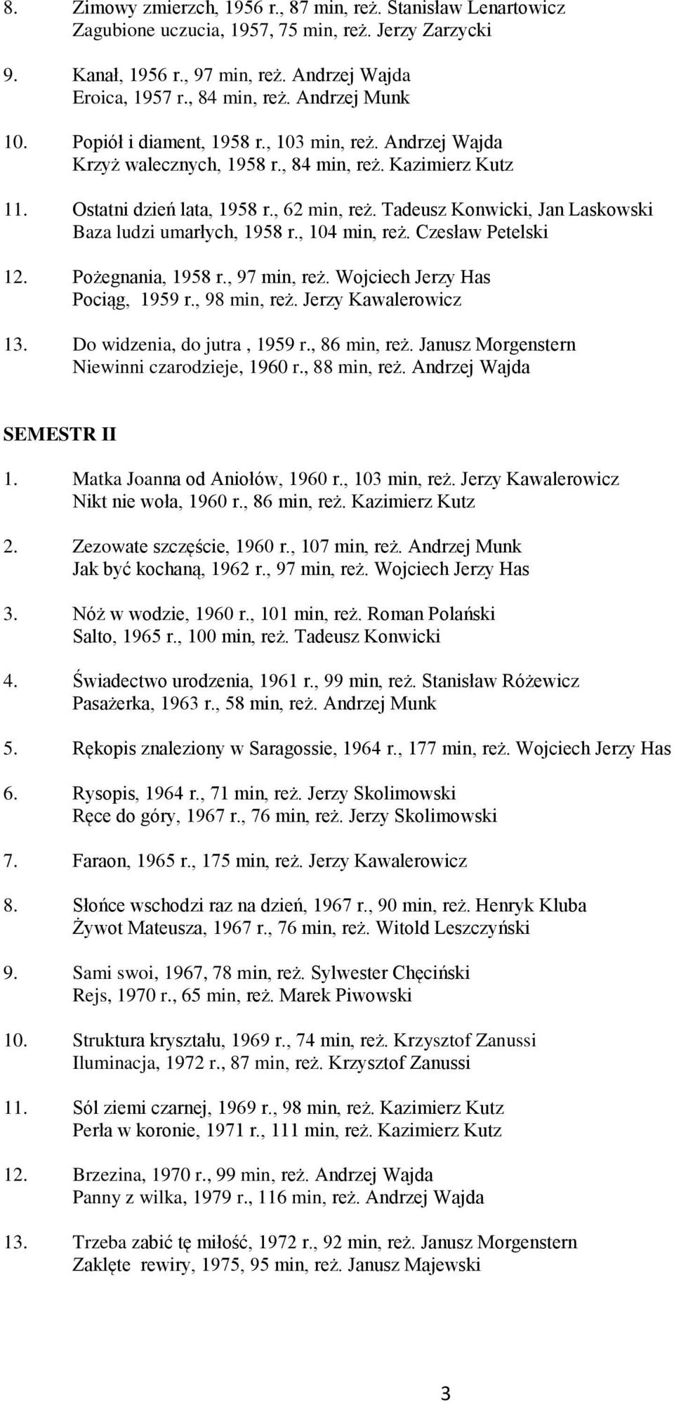 Tadeusz Konwicki, Jan Laskowski Baza ludzi umarłych, 1958 r., 104 min, reż. Czesław Petelski 12. Pożegnania, 1958 r., 97 min, reż. Wojciech Jerzy Has Pociąg, 1959 r., 98 min, reż.