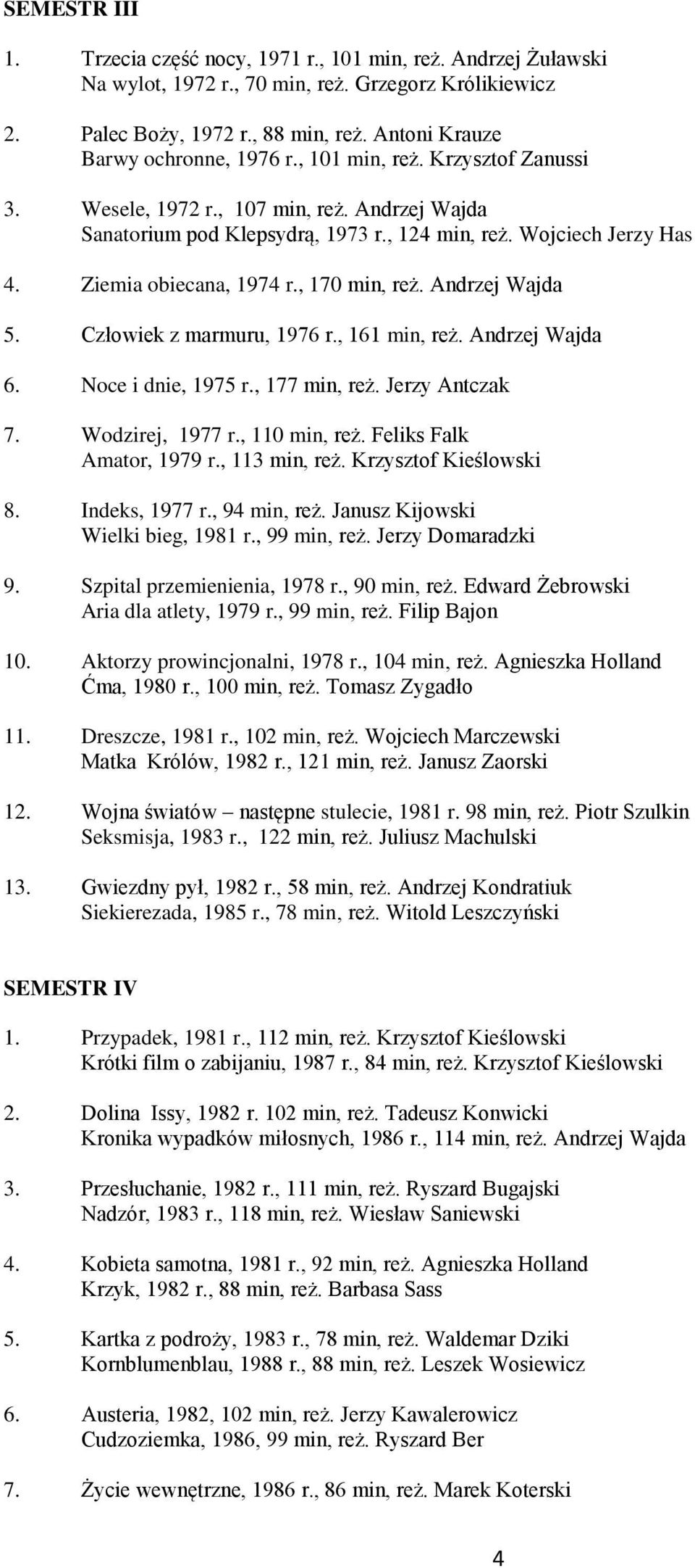 Ziemia obiecana, 1974 r., 170 min, reż. Andrzej Wajda 5. Człowiek z marmuru, 1976 r., 161 min, reż. Andrzej Wajda 6. Noce i dnie, 1975 r., 177 min, reż. Jerzy Antczak 7. Wodzirej, 1977 r.