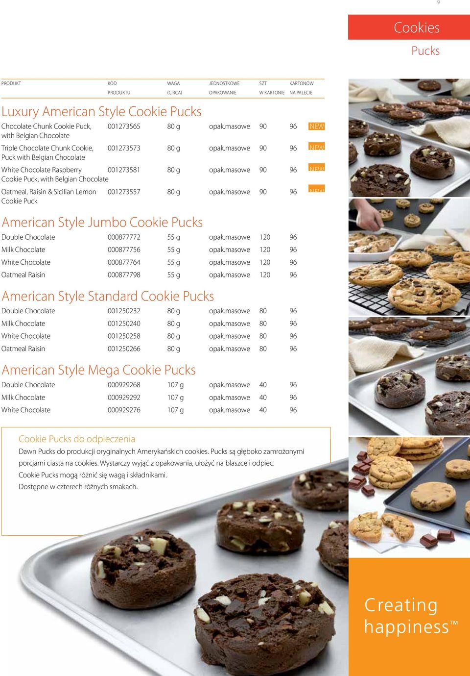 masowe 90 96 NEW Cookie Puck American Style Jumbo Cookie Pucks Double Chocolate 000877772 55 g opak.masowe 120 96 Milk Chocolate 000877756 55 g opak.masowe 120 96 White Chocolate 000877764 55 g opak.