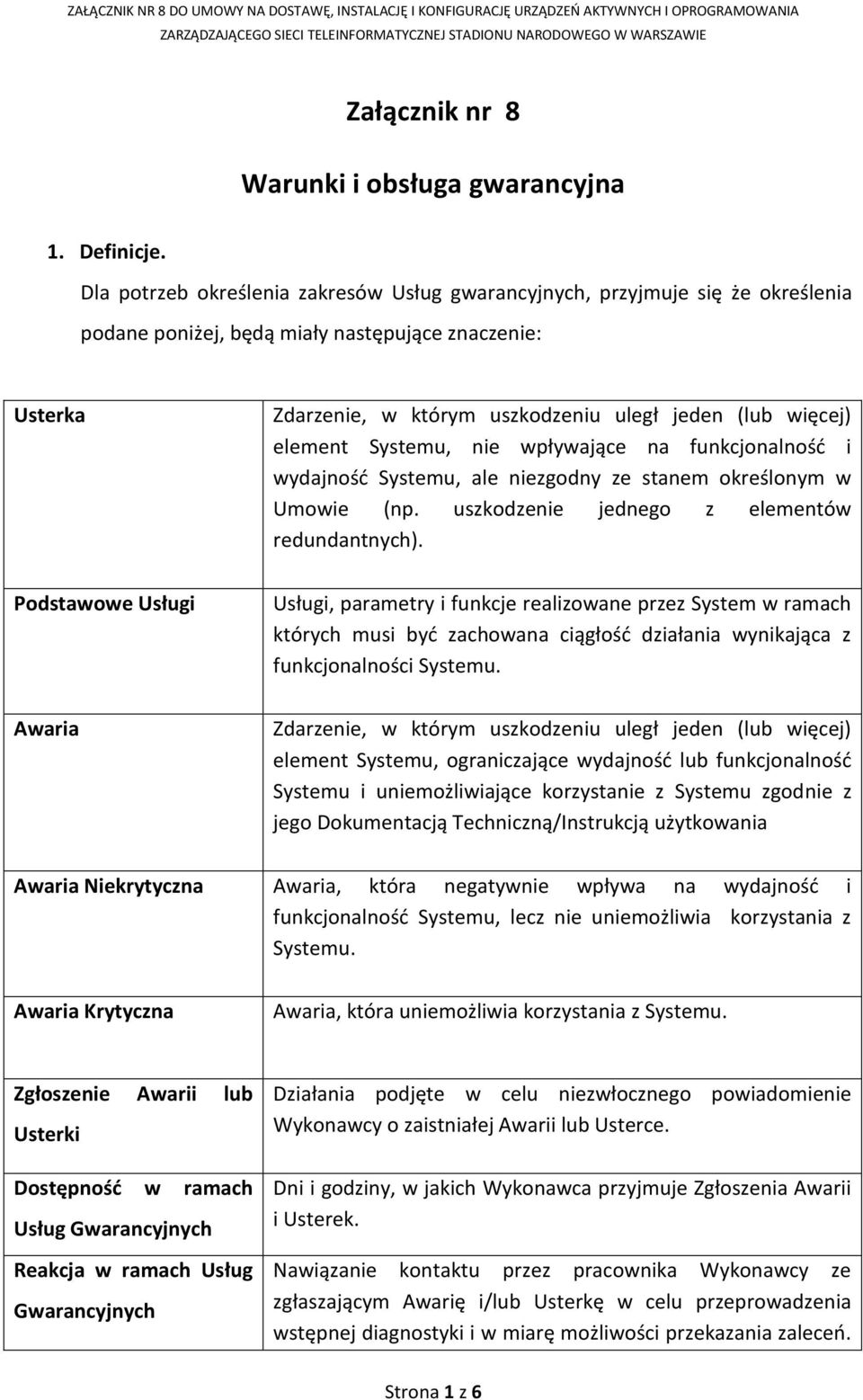 element Systemu, nie wpływające na funkcjonalnośd i wydajnośd Systemu, ale niezgodny ze stanem określonym w Umowie (np. uszkodzenie jednego z elementów redundantnych).