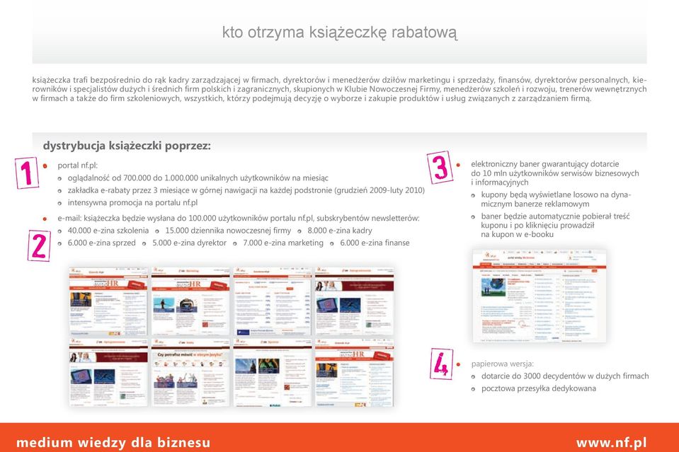 wszystkich, którzy podejmują decyzję o wyborze i zakupie produktów i usług związanych z zarządzaniem firmą. dystrybucja książeczki poprzez: portal nf.pl: oglądalność od 700.000 