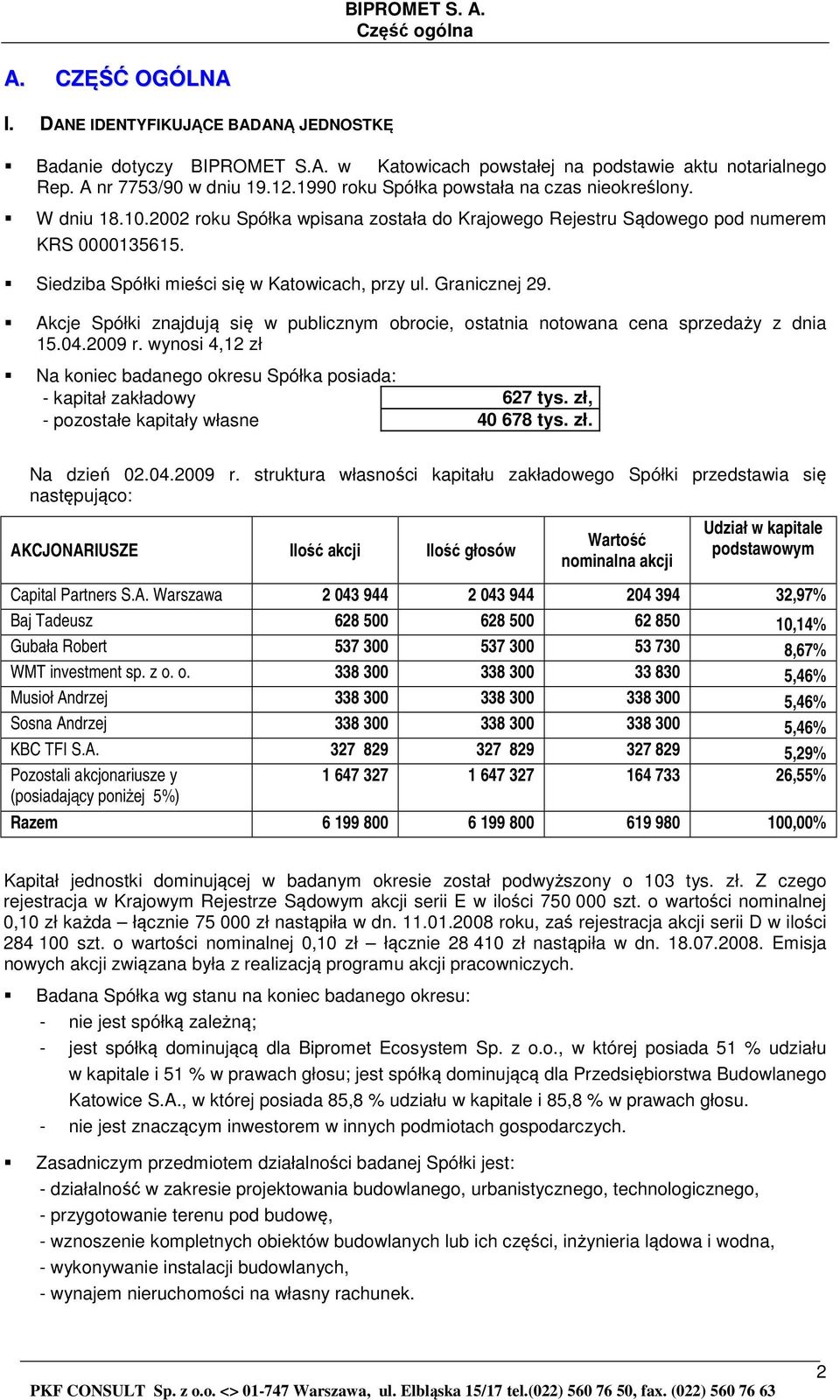 Siedziba Spółki mieści się w Katowicach, przy ul. Granicznej 29. Akcje Spółki znajdują się w publicznym obrocie, ostatnia notowana cena sprzedaży z dnia 15.04.2009 r.