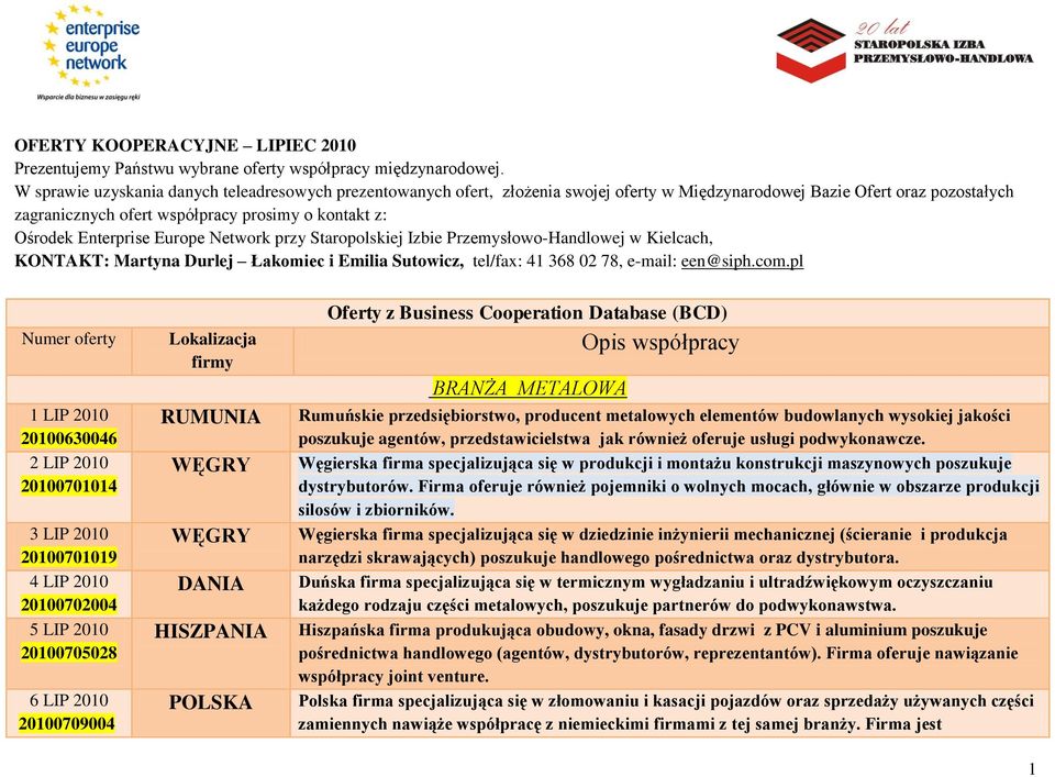 Enterprise Europe Network przy Staropolskiej Izbie Przemysłowo-Handlowej w Kielcach, KONTAKT: Martyna Durlej Łakomiec i Emilia Sutowicz, tel/fax: 41 368 02 78, e-mail: een@siph.com.