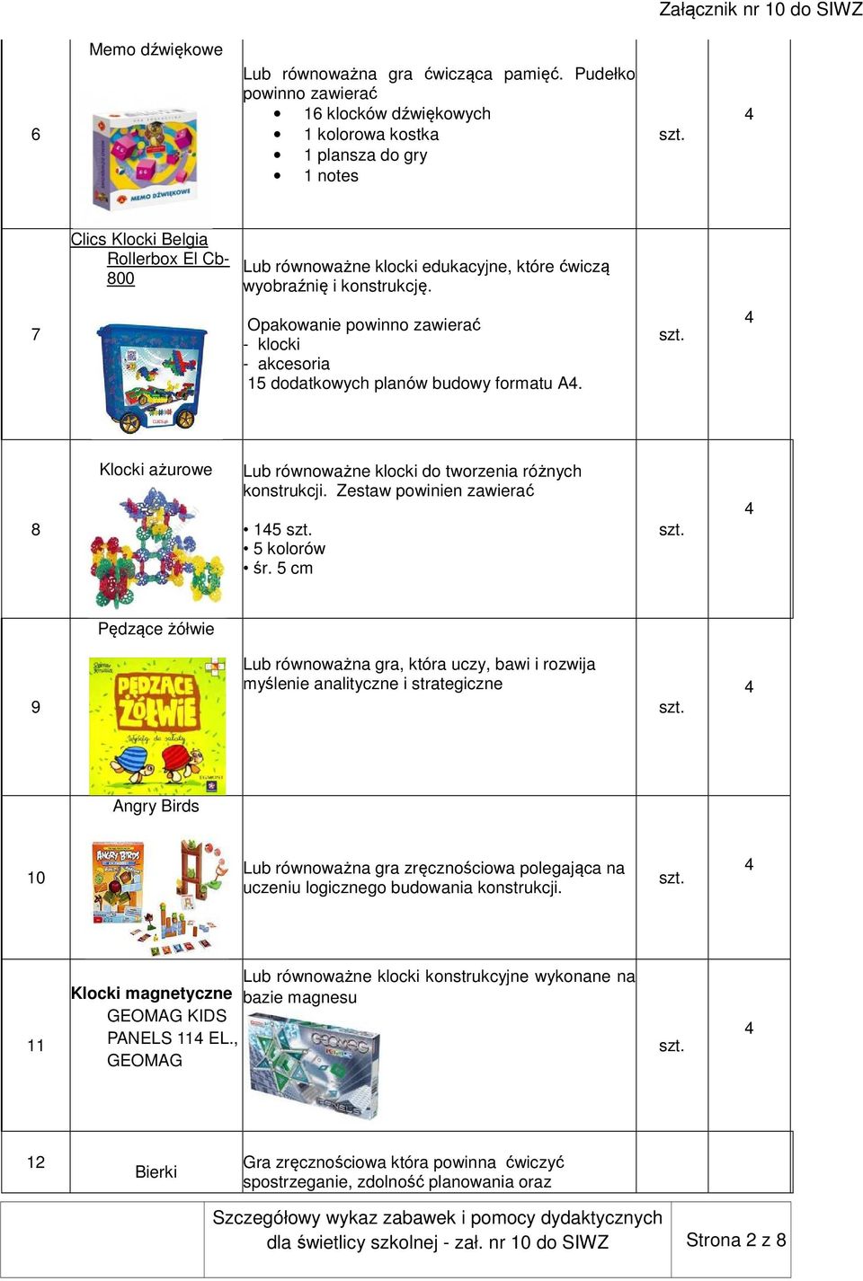 7 Opakowanie powinno zawierać - klocki - akcesoria 5 dodatkowych planów budowy formatu A. 8 Klocki ażurowe Lub równoważne klocki do tworzenia różnych konstrukcji.