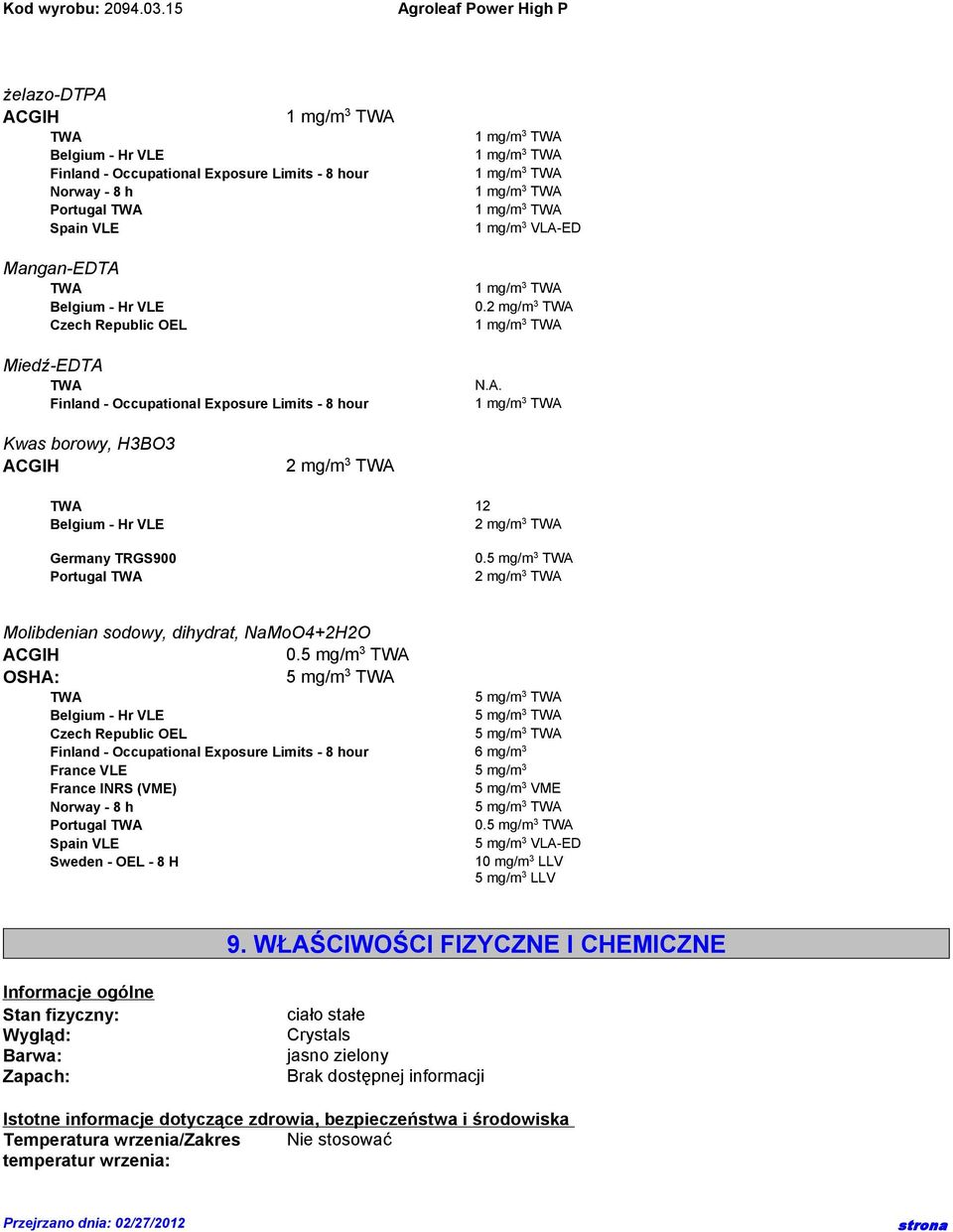 OSHA: Czech Republic OEL Finland - Occupational Exposure Limits - 8 hour 6 mg/m 3 France VLE 5 mg/m 3 France INRS (VME) 5 mg/m 3 VME Norway - 8 h Portugal 0.