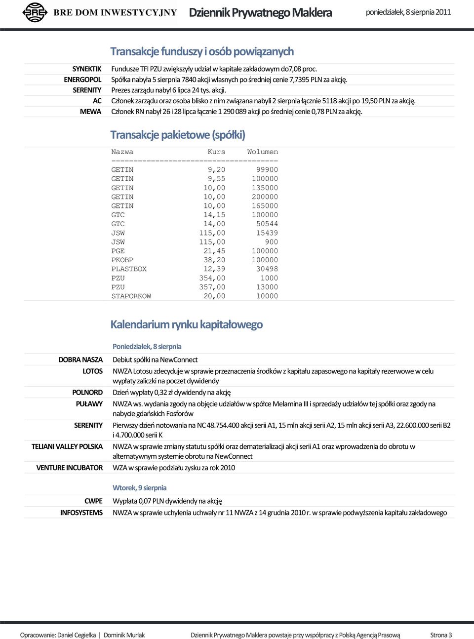 MEWA Członek RN nabył 26 i 28 lipca łącznie 1 290 089 akcji po średniej cenie 0,78 PLN za akcję.