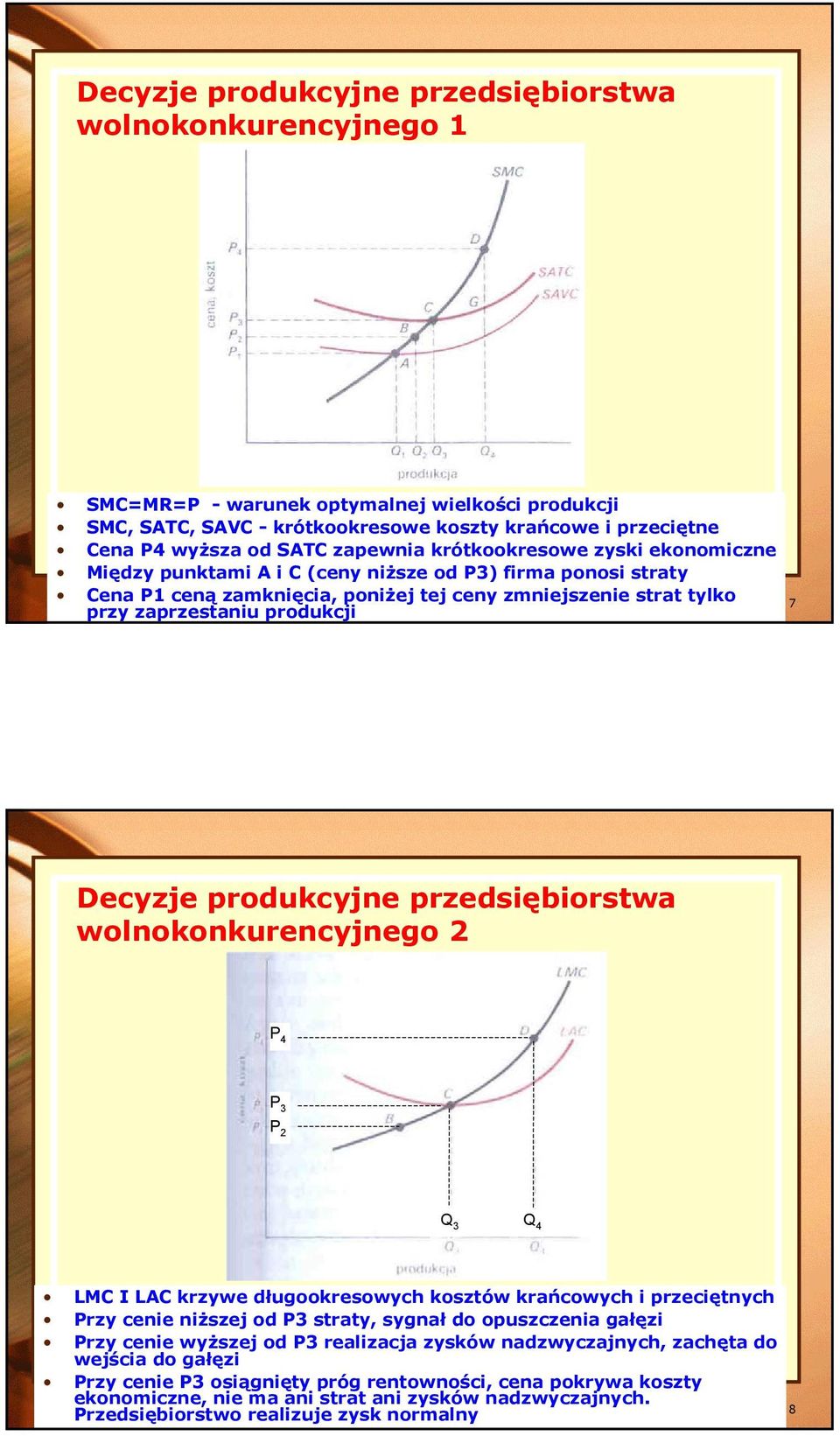 7 Decyzje produkcyjne przedsiębiorstwa wolnokonkurencyjnego 2 P 4 P 3 P 2 Q 3 Q 4 LMC I LAC krzywe długookresowych kosztów krańcowych i przeciętnych Przy cenie niższej od P3 straty, sygnał do