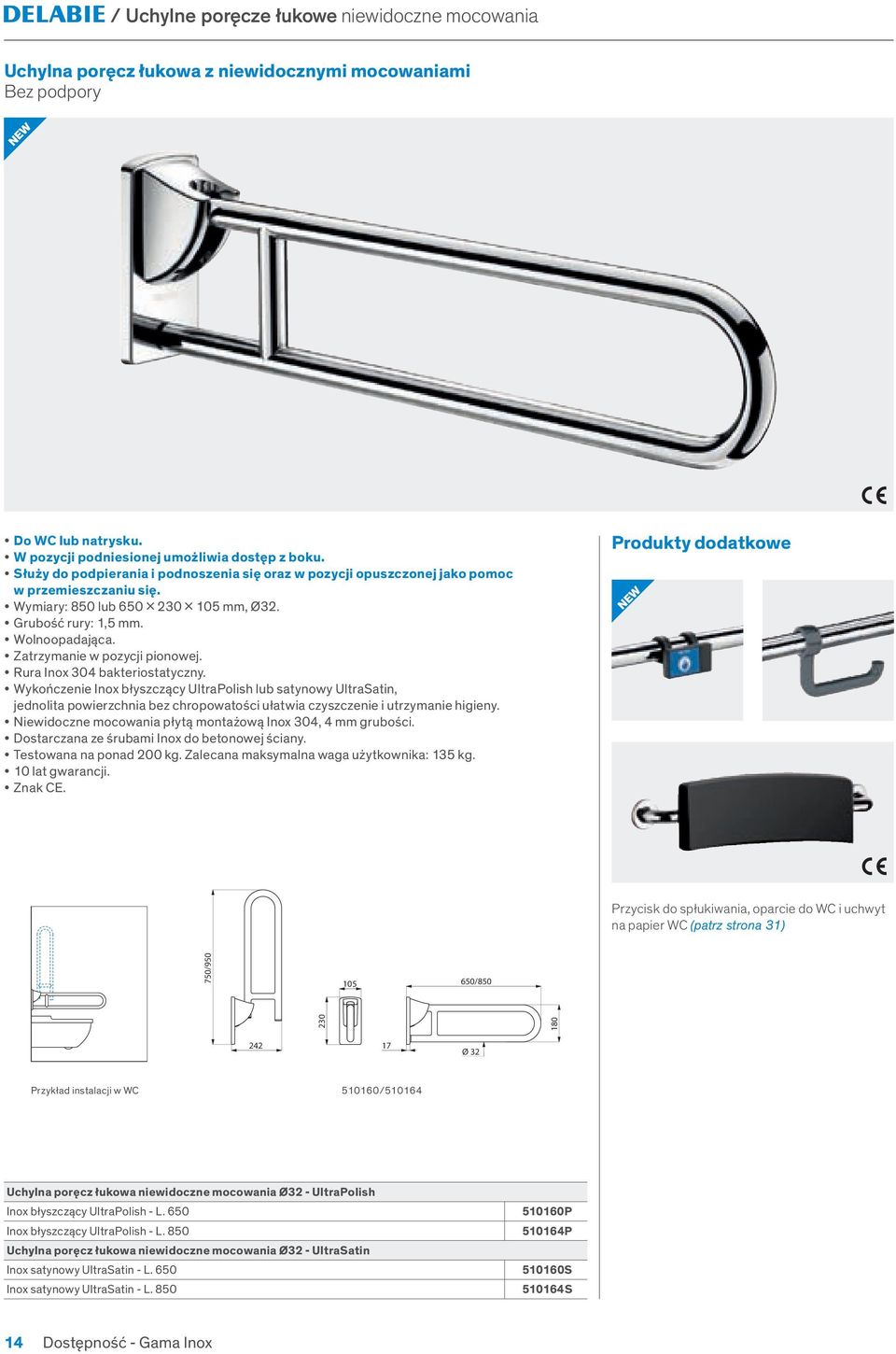 Zatrzymanie w pozycji pionowej. Rura Inox 304 bakteriostatyczny.
