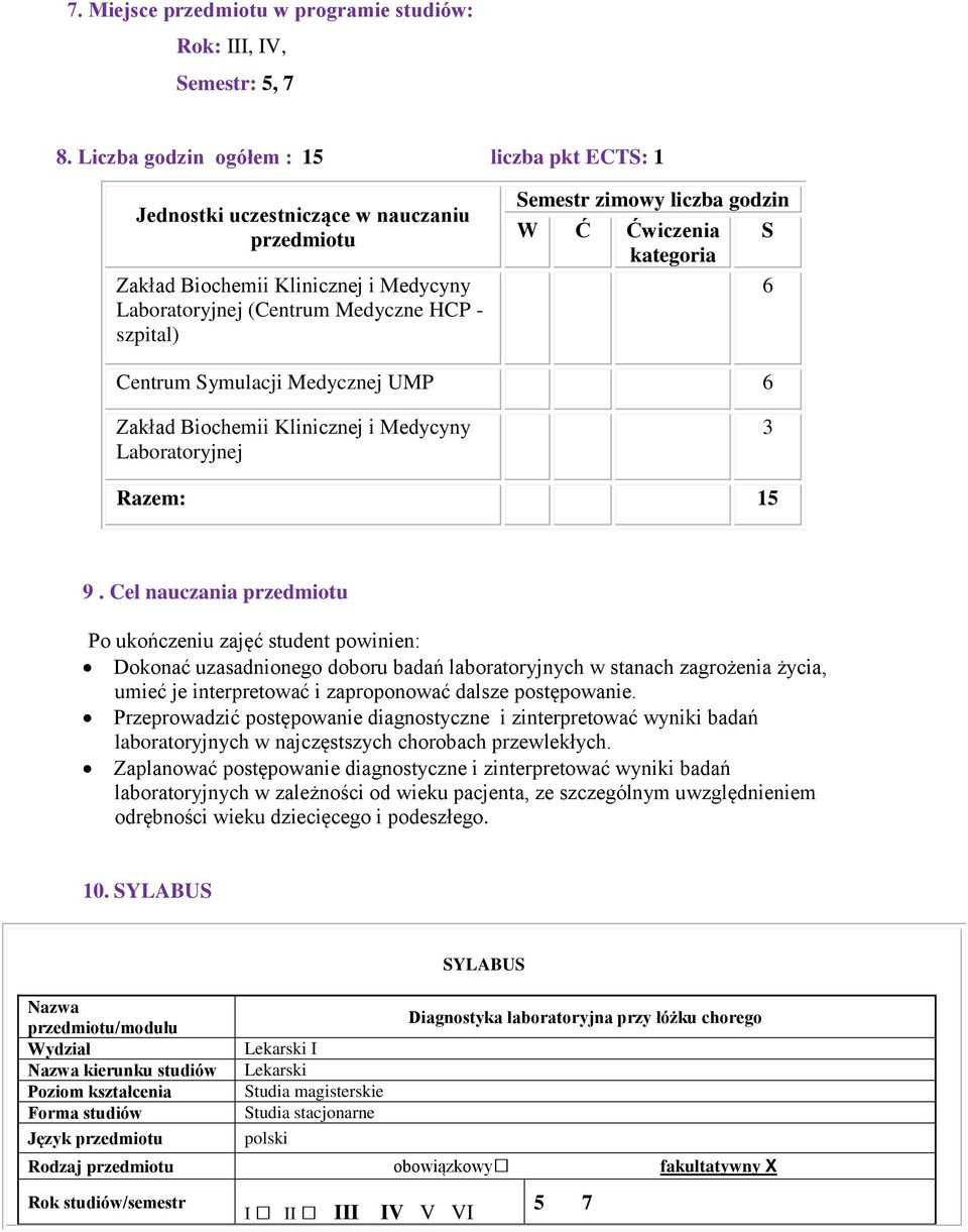 liczba godzin W Ć Ćwiczenia kategoria S 6 Centrum Symulacji Medycznej UMP 6 Zakład Biochemii Klinicznej i Medycyny Laboratoryjnej 3 Razem: 15 9.