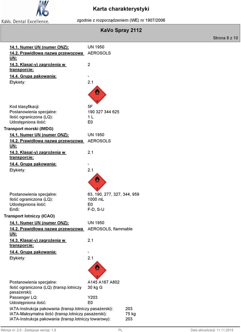 3. Klasa(-y) zagrożenia w transporcie: 2.1 14.4. Grupa pakowania: - Etykiety: 2.