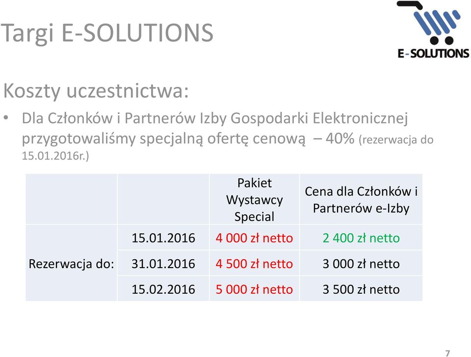 ) Pakiet Wystawcy Special Cena dla Członków i Partnerów e-izby 15.01.