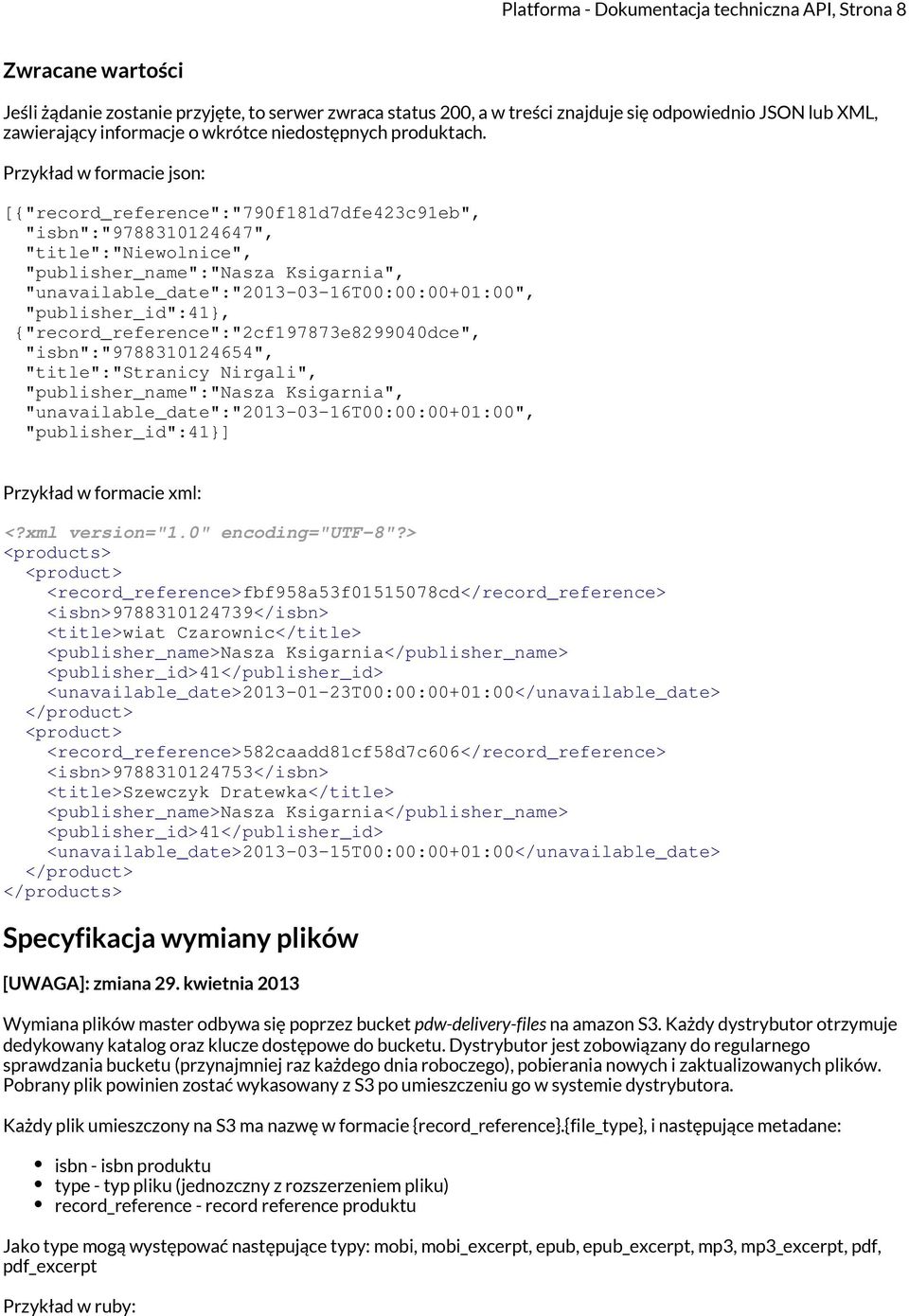 Przykład w formacie json: [{"record_reference":"790f181d7dfe423c91eb", "isbn":"9788310124647", "title":"niewolnice", "publisher_name":"nasza Ksigarnia",