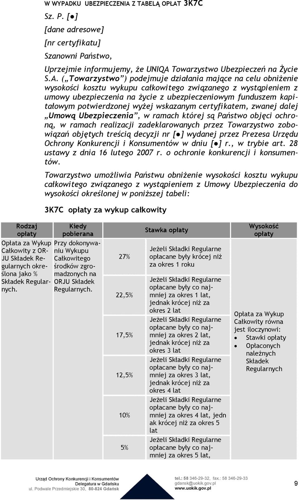Z TABELĄ OPŁAT 3K7C Sz. P. [ ] [dane adresowe] [nr certyfikatu] Szanowni Państwo, Uprzejmie informujemy, że UNIQA Towarzystwo Ubezpieczeń na Życie S.A. ( Towarzystwo ) podejmuje działania mające na