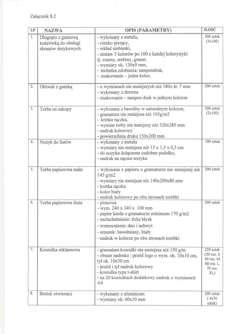 czarny, srebrny, granat. - wymiary ok. 130x9 mm, - technika zdobienia: tampondruk, - znakowanie - jeden kolor, 300 sztuk (3x100) 2. Ol6wek z gumkq - o wymiarach nie mniejszych niz 180x Sr.