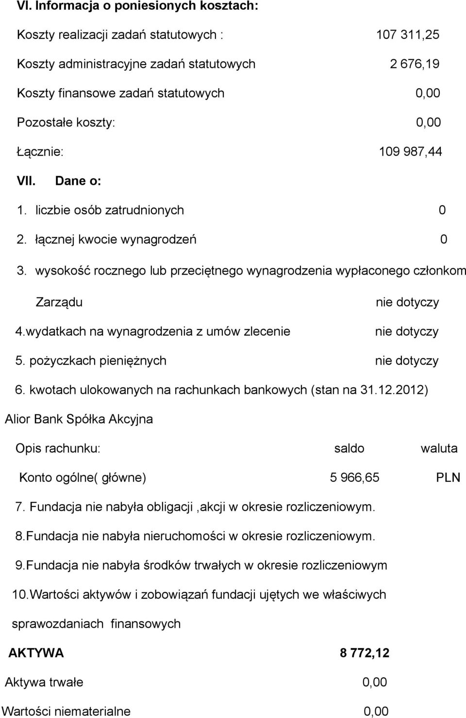 wydatkach na wynagrodzenia z umów zlecenie nie dotyczy nie dotyczy 5. pożyczkach pieniężnych nie dotyczy 6. kwotach ulokowanych na rachunkach bankowych (stan na 31.12.