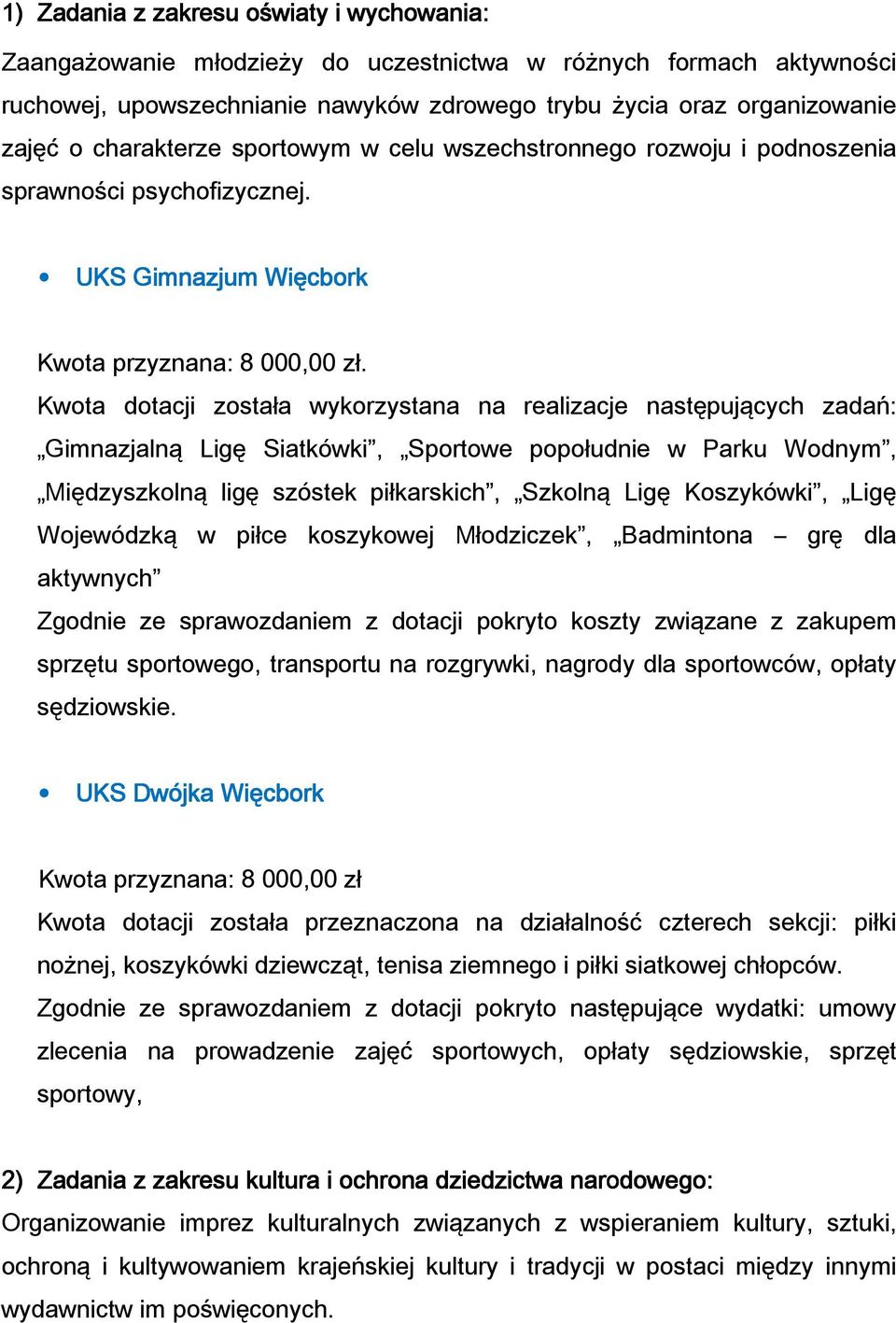 Kwota dotacji została wykorzystana na realizacje następujących zadań: Gimnazjalną Ligę Siatkówki, Sportowe popołudnie w Parku Wodnym, Międzyszkolną ligę szóstek piłkarskich, Szkolną Ligę Koszykówki,