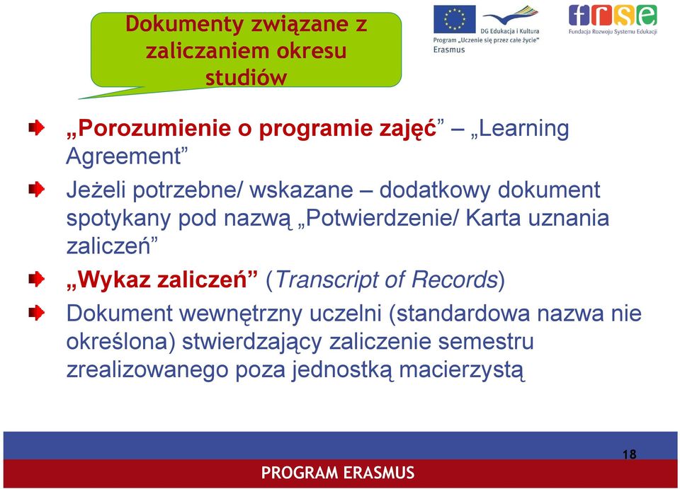 Karta uznania zaliczeń Wykaz zaliczeń (Transcript of Records) Dokument wewnętrzny uczelni