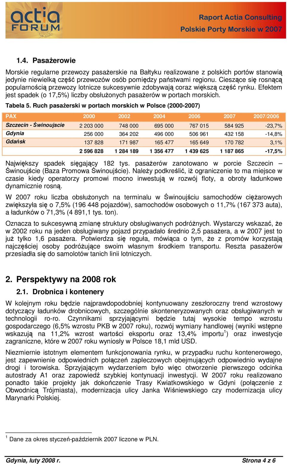 Ruch pasażerski w portach morskich w Polsce (2000-2007) PAX 2000 2002 2004 2006 2007 2007/2006 Szczecin - Świnoujscie 2 203 000 748 000 695 000 767 015 584 925-23,7% Gdynia 256 000 364 202 496 000