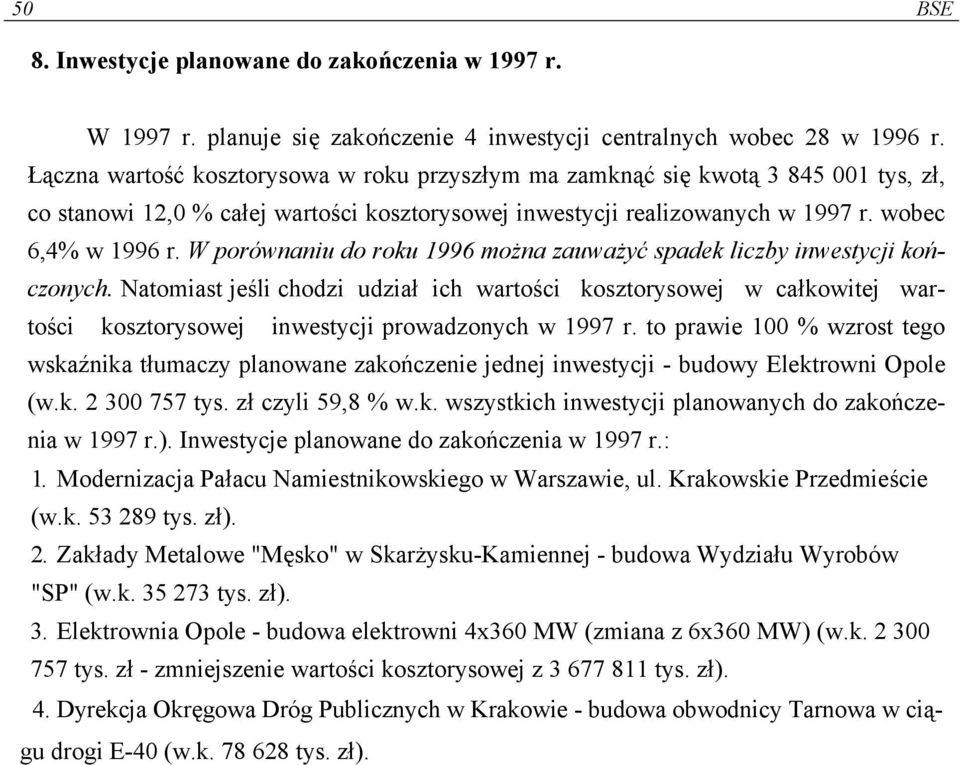 W porównaniu do roku 1996 można zauważyć spadek liczby inwestycji kończonych.