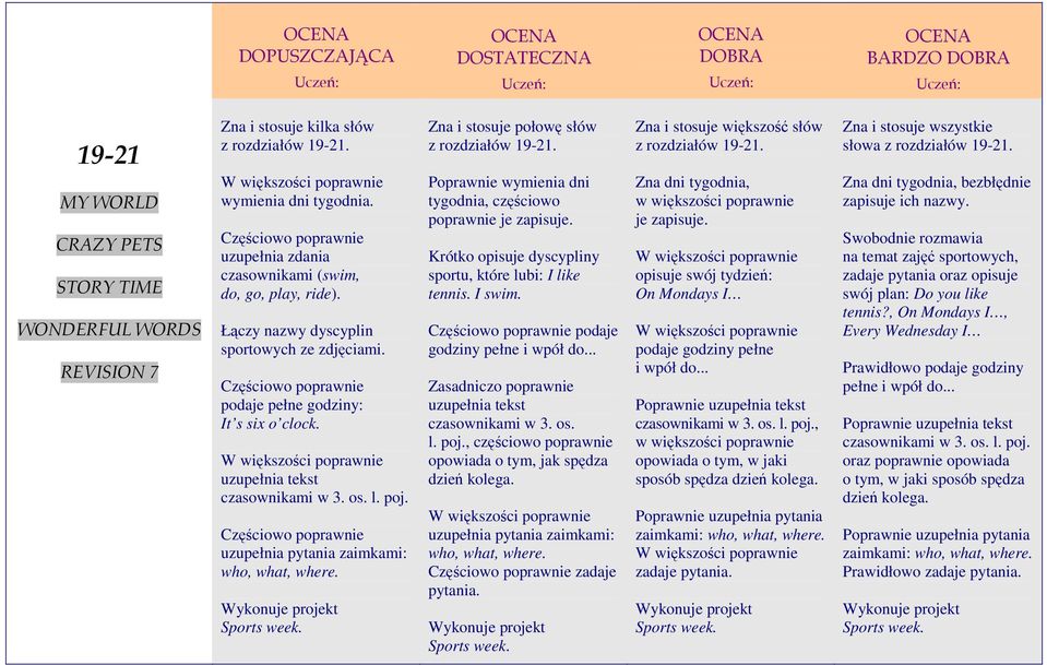 Krótko opisuje dyscypliny sportu, które lubi: I like tennis. I swim. podaje godziny pełne i wpół do... uzupełnia tekst czasownikami w 3. os. l. poj.