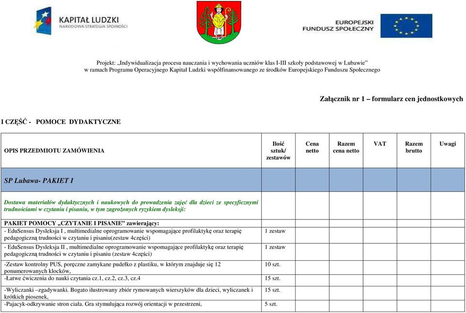Lubawa- PAKIET I Dostawa materiałów dydaktycznych i naukowych do prowadzenia zajęć dla dzieci ze specyficznymi trudnościami w czytaniu i pisaniu, w tym zagroŝonych ryzykiem dysleksji: PAKIET