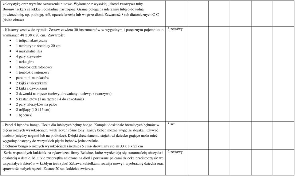 Zawartość:8 tub diatonicznych C-C (dolna oktawa - Klasowy zestaw do rytmiki Zestaw zawiera 30 instrumentów w wygodnym i poręcznym pojemniku o wymiarach 48 x 38 x 20 cm.