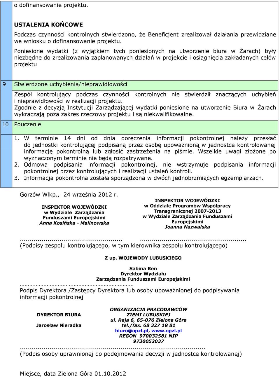 Stwierdzone uchybienia/nieprawidłowości Zespół kontrolujący podczas czynności kontrolnych nie stwierdził znaczących uchybień i nieprawidłowości w realizacji projektu.