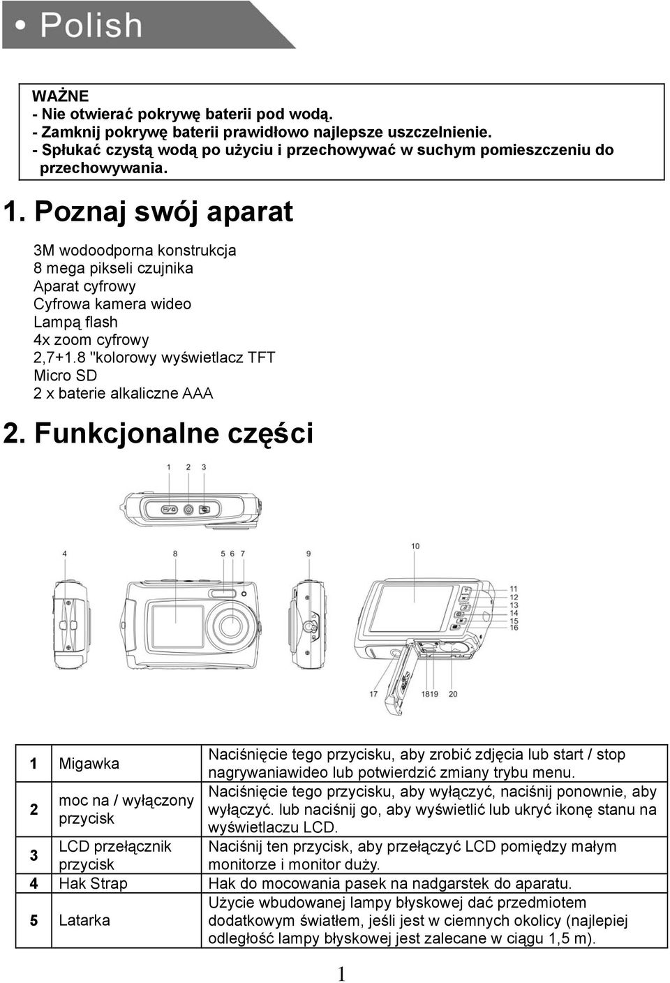 8 "kolorowy wyświetlacz TFT Micro SD 2 x baterie alkaliczne AAA 2.