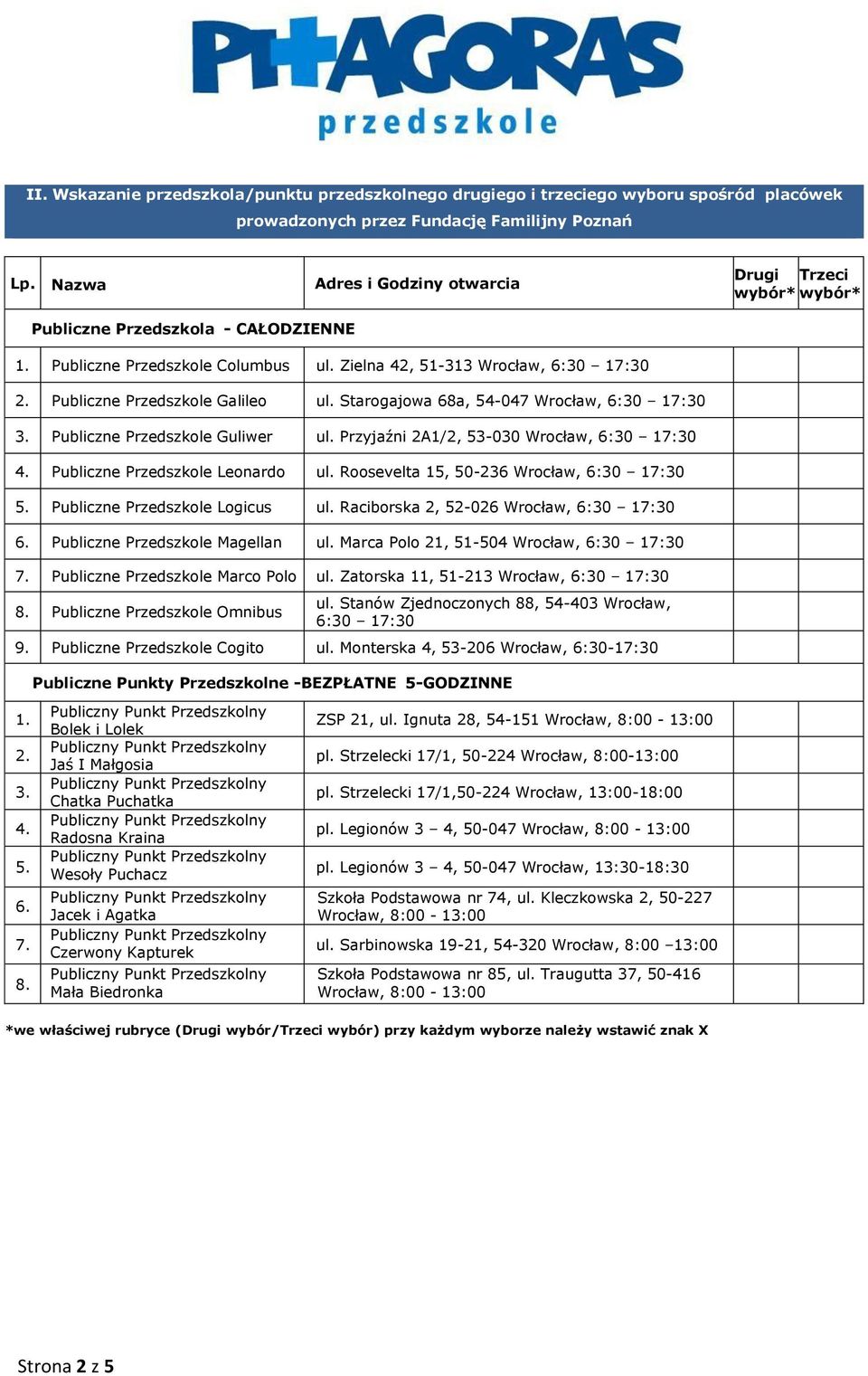 Starogajowa 68a, 54-047 Wrocław, 6:30 17:30 Publiczne Przedszkole Guliwer ul. Przyjaźni 2A1/2, 53-030 Wrocław, 6:30 17:30 Publiczne Przedszkole Leonardo ul.