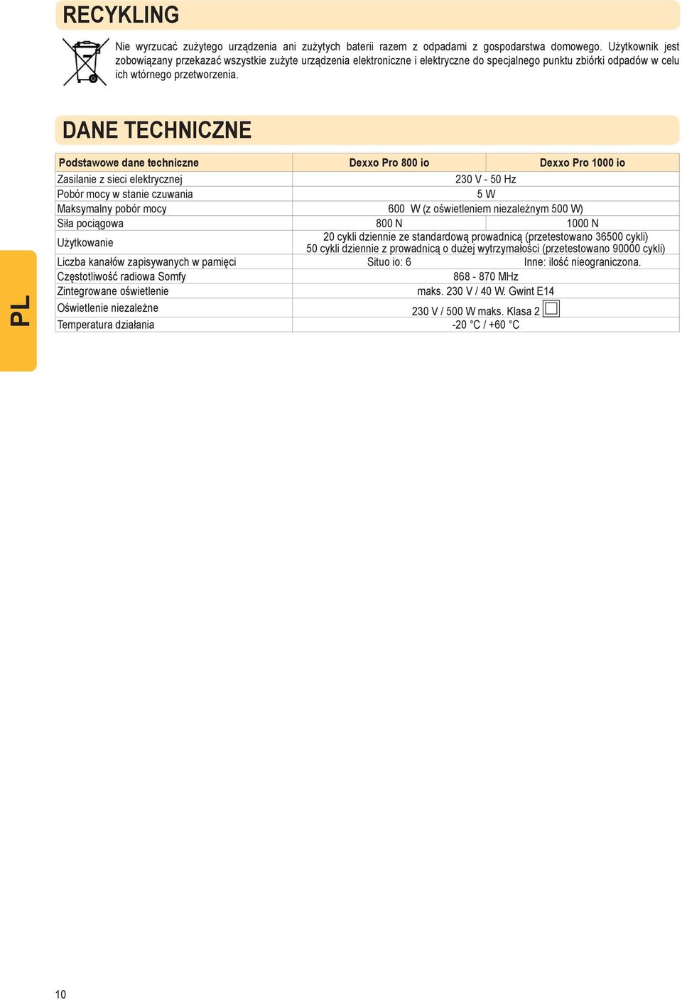 DANE TECHNICZNE Podstawowe dane techniczne Dexxo Pro 800 io Dexxo Pro 1000 io Zasilanie z sieci elektrycznej 230 V - 50 Hz Pobór mocy w stanie czuwania 5 W Maksymalny pobór mocy 600 W (z oświetleniem