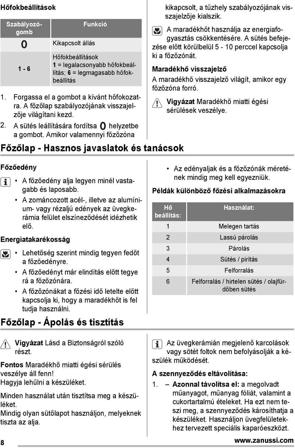 Amikor valamennyi főzőzóna Főzőlap - Hasznos javaslatok és tanácsok kikapcsolt, a tűzhely szabályozójának visszajelzője kialszik. A maradékhőt használja az energiafogyasztás csökkentésére.