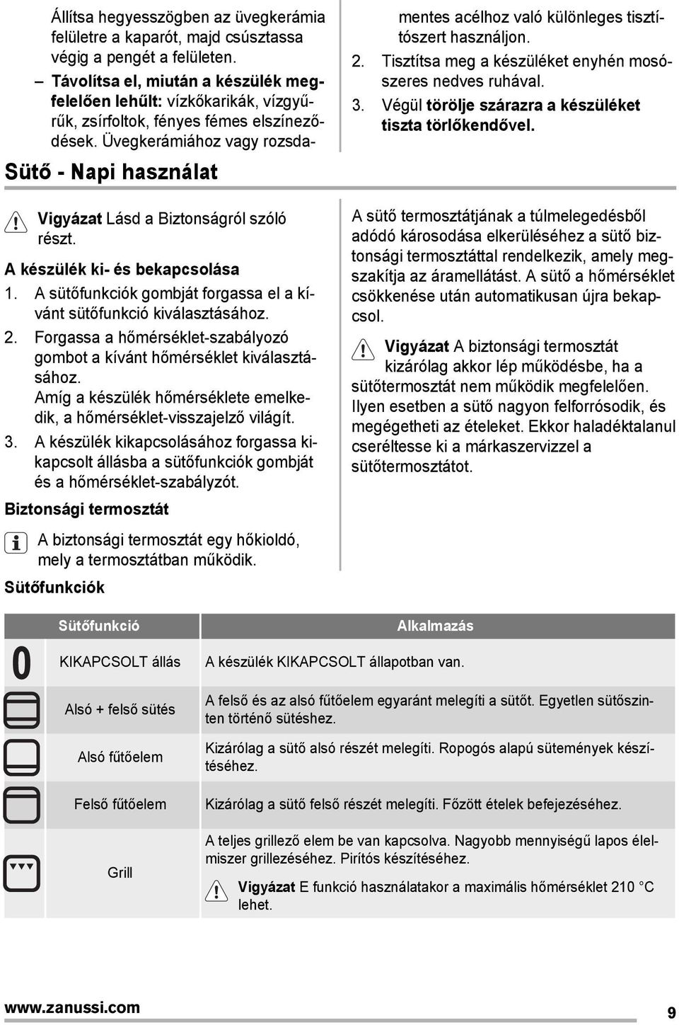 A készülék kikapcsolásához forgassa kikapcsolt állásba a sütőfunkciók gombját és a hőmérséklet-szabályzót. Biztonsági termosztát A biztonsági termosztát egy hőkioldó, mely a termosztátban működik.