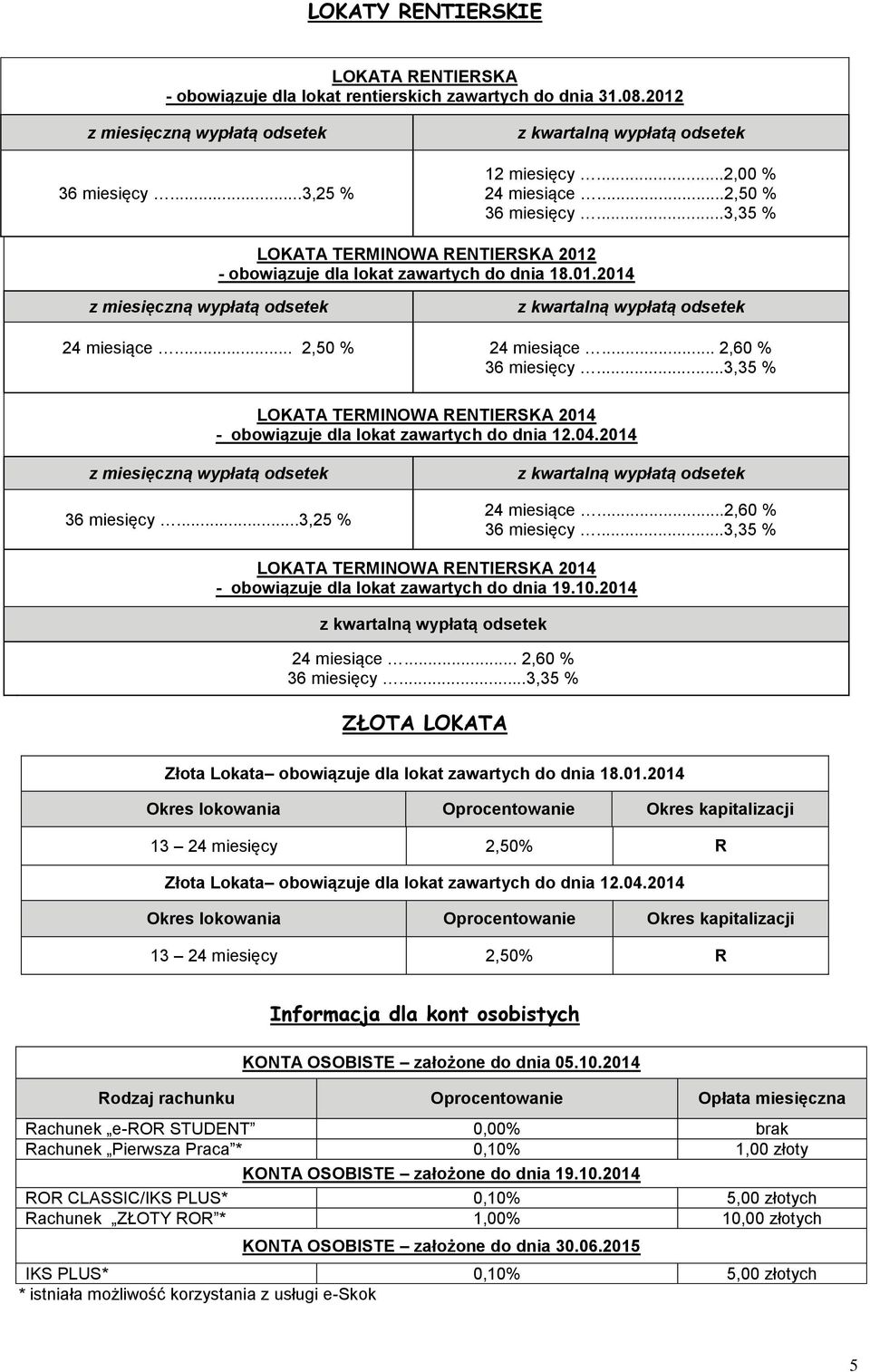 .. 2,50 % 24 miesiące... 2,60 % 36 miesięcy...3,35 % LOKATA TERMINOWA RENTIERSKA 2014 - obowiązuje dla lokat zawartych do dnia 12.04.2014 z miesięczną wypłatą odsetek 36 miesięcy.