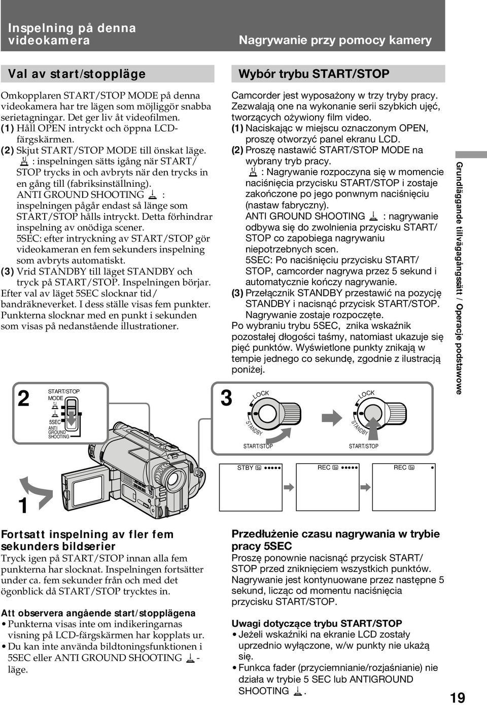 : inspelningen sätts igång när START/ STOP trycks in och avbryts när den trycks in en gång till (fabriksinställning).