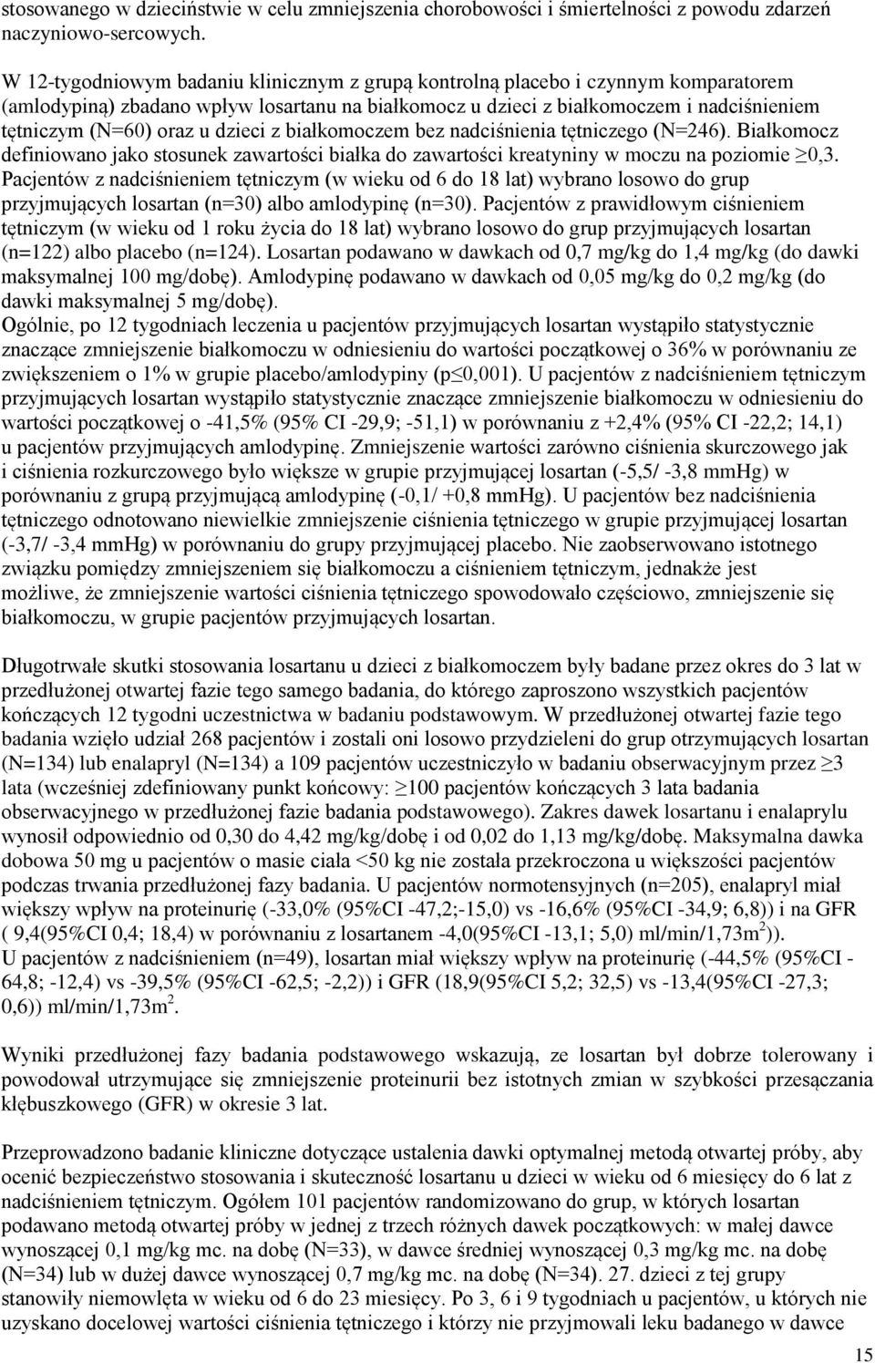 dzieci z białkomoczem bez nadciśnienia tętniczego (N=246). Białkomocz definiowano jako stosunek zawartości białka do zawartości kreatyniny w moczu na poziomie 0,3.