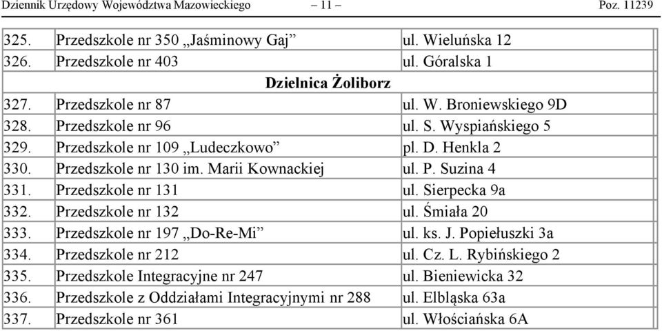 Marii Kownackiej ul. P. Suzina 4 331. Przedszkole nr 131 ul. Sierpecka 9a 332. Przedszkole nr 132 ul. Śmiała 20 333. Przedszkole nr 197 Do-Re-Mi ul. ks. J. Popiełuszki 3a 334.