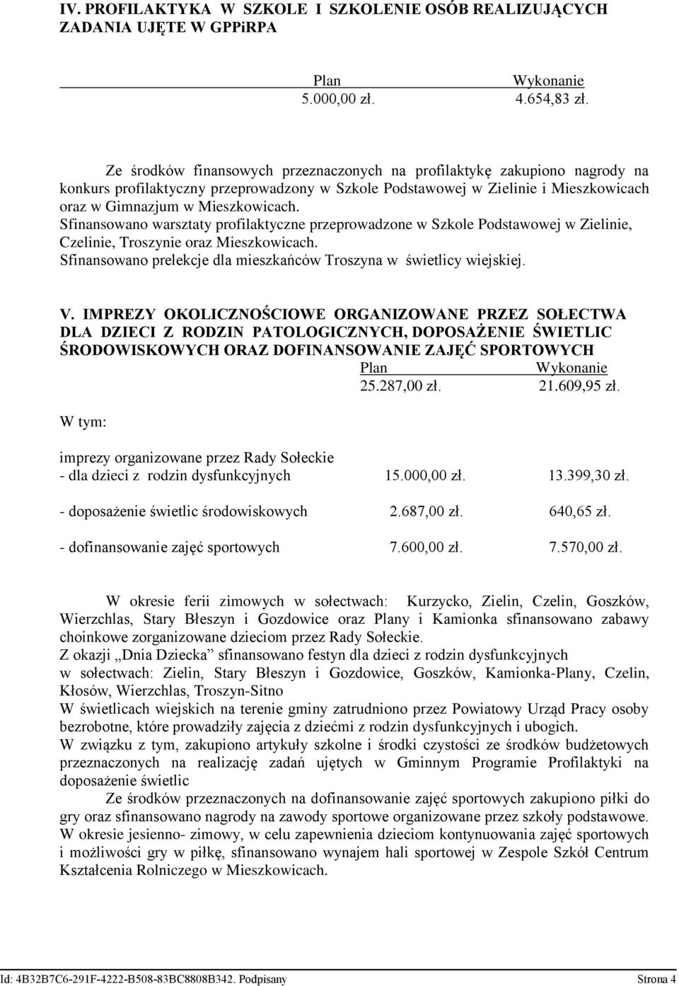 Sfinansowano warsztaty profilaktyczne przeprowadzone w Szkole Podstawowej w Zielinie, Czelinie, Troszynie oraz Mieszkowicach. Sfinansowano prelekcje dla mieszkańców Troszyna w świetlicy wiejskiej. V.