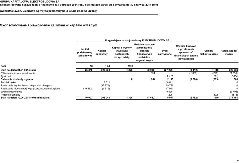 finansowych oddziałów zagranicznych Zyski zatrzymane Różnice kursowe z przeliczenia sprawozdań finansowych spółek powiązanych Udziały niekontrolujące Razem kapitał własny nota 18 19.1 19.