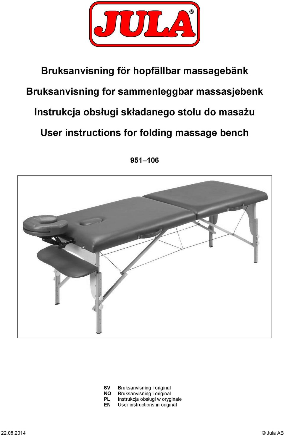 folding massage bench 951 106 SV NO PL EN Bruksanvisning i original Bruksanvisning