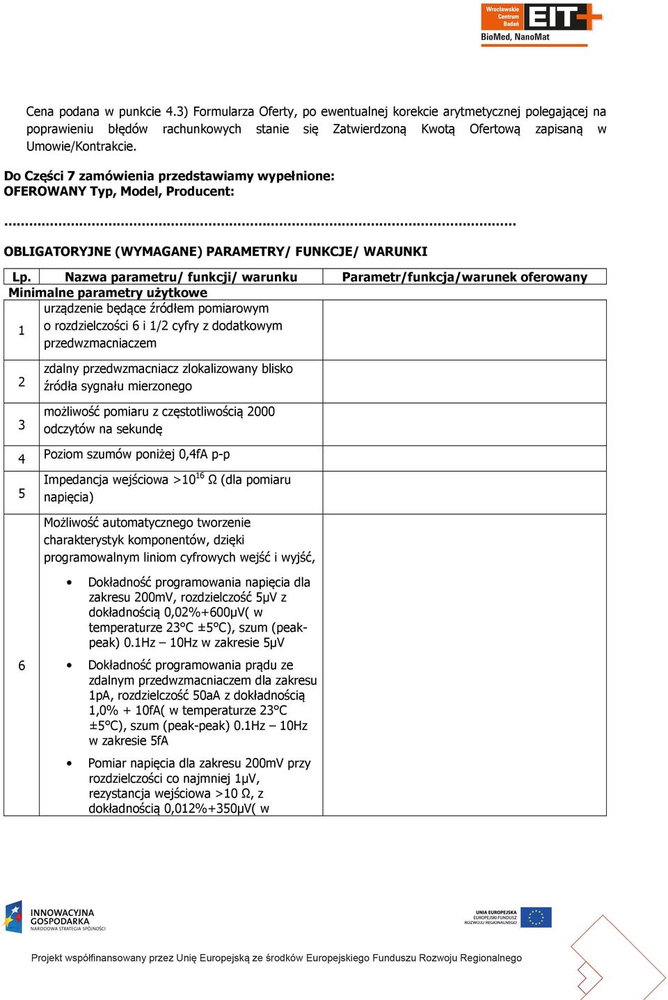 Nazwa parametru/ funkcji/ warunku Parametr/funkcja/warunek oferowany Minimalne parametry użytkowe urządzenie będące źródłem pomiarowym 1 o rozdzielczości 6 i 1/2 cyfry z dodatkowym przedwzmacniaczem