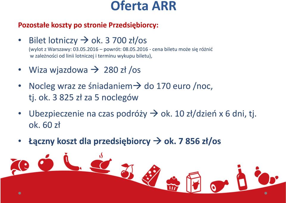 biletu), Wiza wjazdowa 280 zł /os Nocleg wraz ze śniadaniemdo 170 euro /noc, tj. ok.