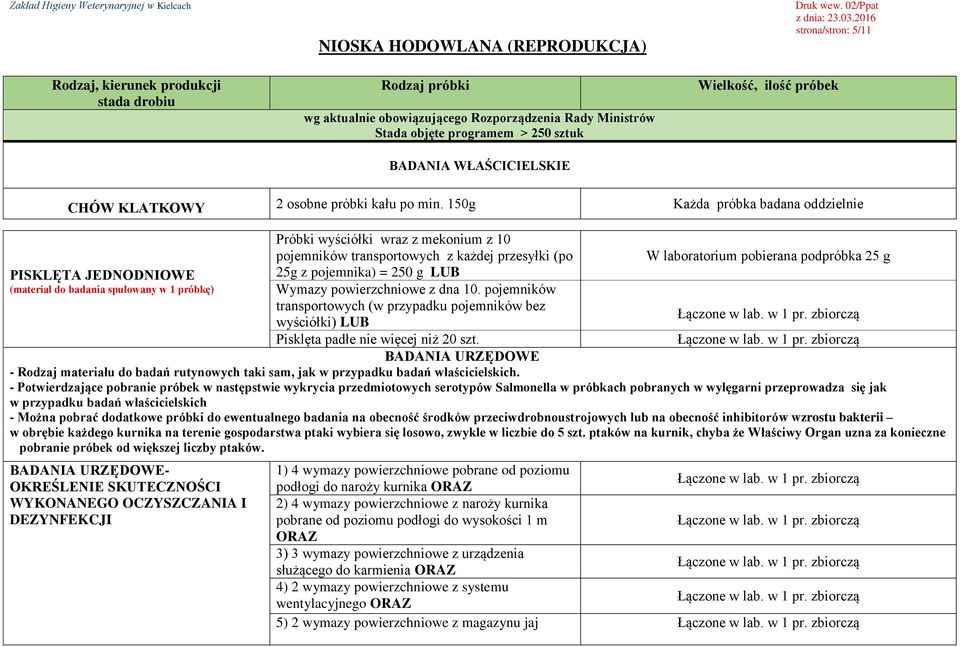 pojemnika) = 250 g LUB Wymazy powierzchniowe z dna 10.