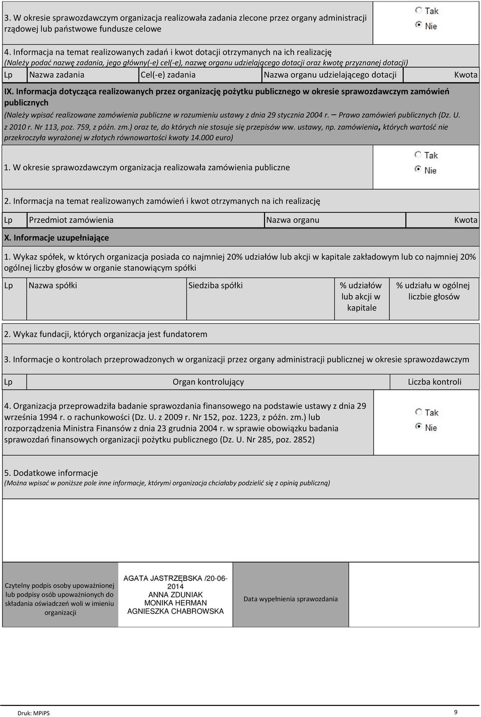 dotacji) Lp Nazwa zadania Cel(-e) zadania Nazwa organu udzielającego dotacji Kwota IX.