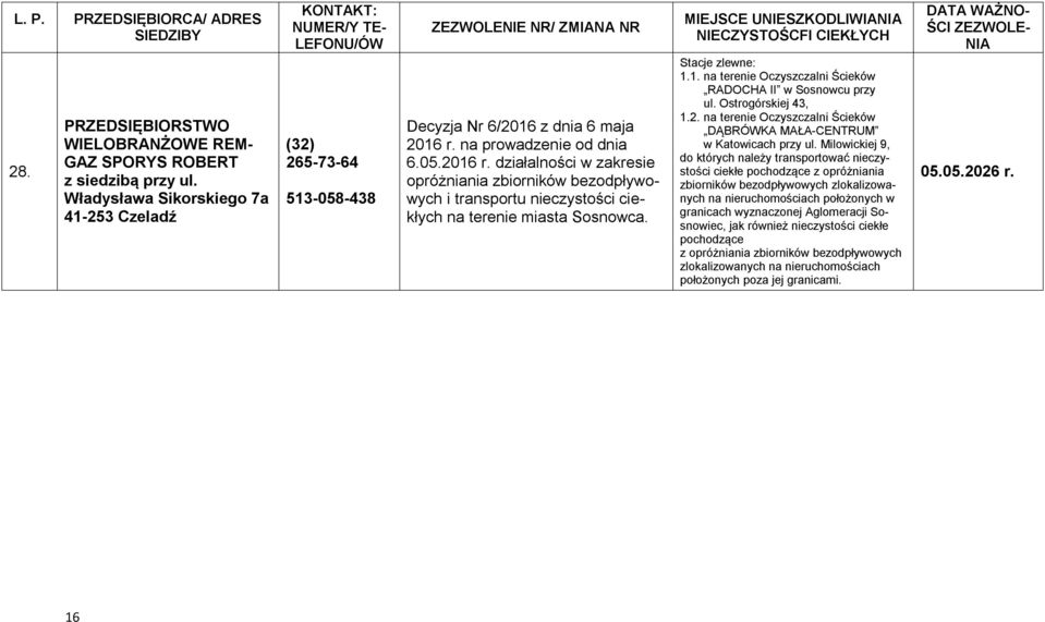 MIEJSCE UNIESZKODLIWIA Stacje zlewne: 1.1. na terenie Oczyszczalni Ścieków RADOCHA II w Sosnowcu przy ul. Ostrogórskiej 43, 1.2.